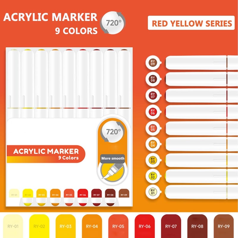 Yolaka Water Based Acrylic Paint Markers, 9 Colors Acrylic Paint Pens Set with Soft Brush Tip, Marker Pen for Rock Painting, Egg, Wood, Glass, Paper, Mugs, Acrylic Painter Ink (Red Yellow Series) - Image 2